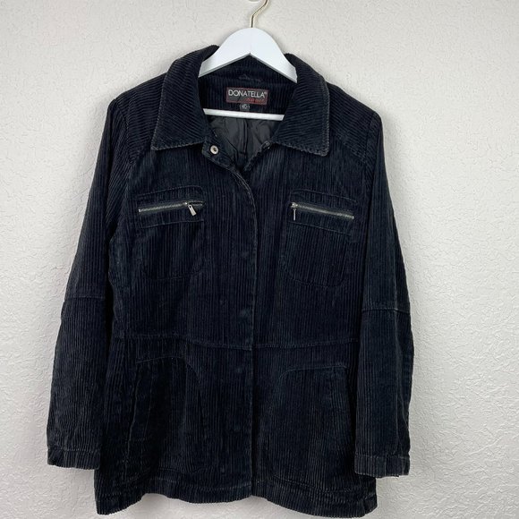 DONNATELLA SPORT WomenS L Black Corduroy Feel Hidden Buttons Zip Pockets Jacket - Picture 1 of 8